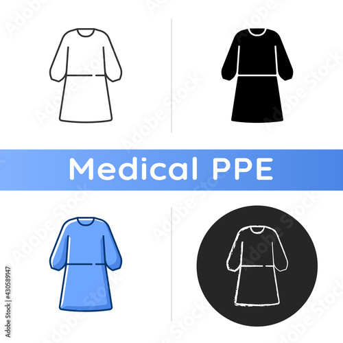 Isolation gown icon. Protective wear from virus infection. Reusable suit to work with hazard. Quarantine safety. Disposable PPE. Linear black and RGB color styles. Isolated vector illustrations
