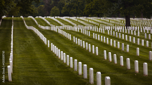 Straight rows of tombstones/headstones in Arlington National Cemetery.