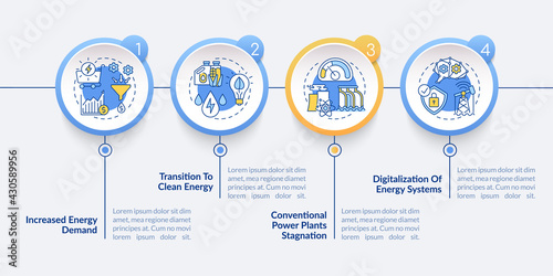 Energetics trends vector infographic template. Increased demand, stagnation presentation design elements. Data visualization with 4 steps. Process timeline chart. Workflow layout with linear icons