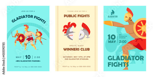 Stylish invitation designs with ancient Spartan warriors. Creative party invitations with Coliseum gladiators, helmets. Sports, fencing, gladiator, competition concept for leaflet, banner or flyer