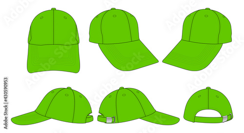Green baseball cap template with adjustable metal buckle closure vector on white background.