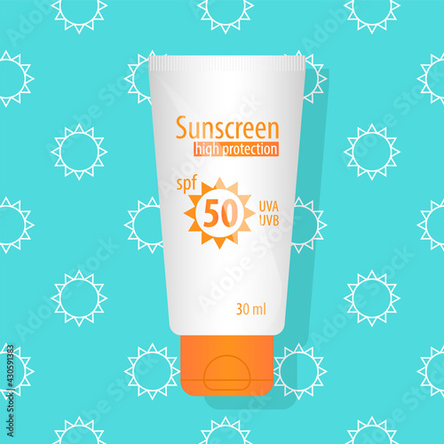 SPF 50 sunscreen cream tube icon. Bright sunblock lotion with UVA UVB filters. Summer beach cosmetic kit on colorful aquamarine pattern background. White SPF cream bottle with orange label flat vector