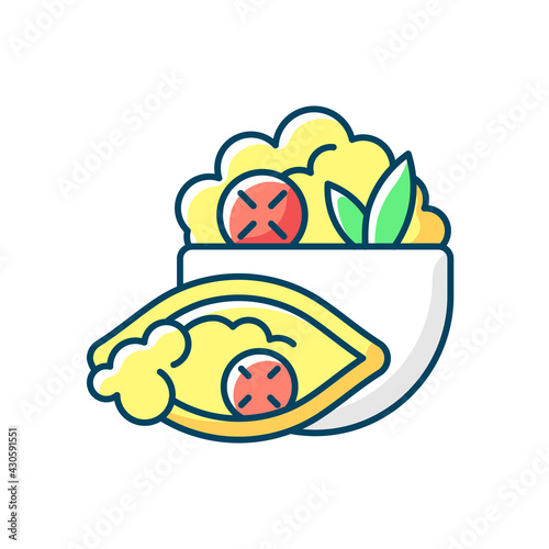 Burrito bowl RGB color icon. Meal with rice, beans, steak, veggies. Burrito without tortilla. Protein, carbs and healthy fats. Various ingredients in flour tortilla. Isolated vector illustration
