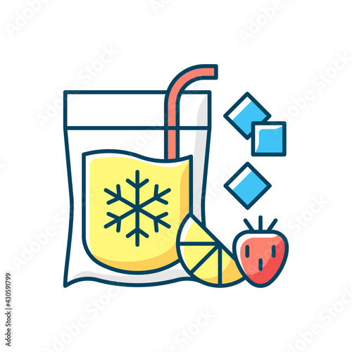Slushy drinks to go RGB color icon. Frozen carbonated beverage. Blended drinks with ice and fruits. Slushie. Strawberry, watermelon flavor. Creating slush texture. Isolated vector illustration