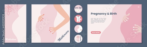 Set of banner templates for websites, or advertising,  landing page, media post and stories. Pregnant woman. Mother day greeting. Health care, female, motherhood. Minimalism style.