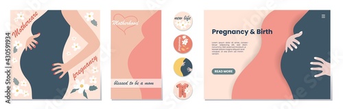 Set of banner templates for websites, or advertising,  landing page, media post and stories. Pregnant woman. Mother day greeting. Health care, female, motherhood. Minimalism style.