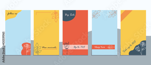 Editable social media frames, Stories template. Layout for business story: new arrival, new collection, sale, shop now, follow us. For fashion shops, brand. Set of 5