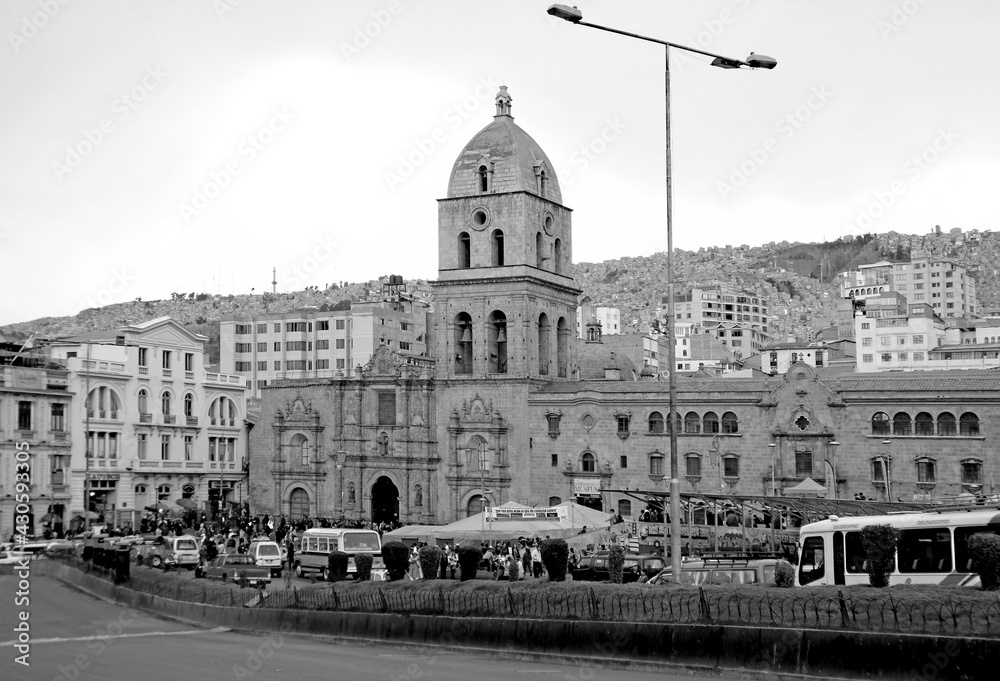 Monochrome Image of Plaza San Francisco Square with the Basilica of San Francisco, a Significant Historic Baroque Church in La Paz, Bolivia