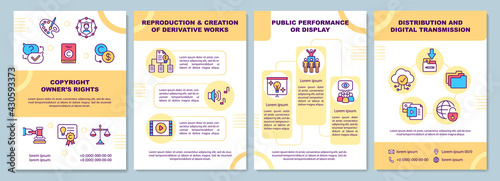 Copyright owners rights brochure template. Reproduction. Flyer, booklet, leaflet print, cover design with linear icons. Vector layouts for presentation, annual reports, advertisement pages