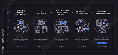 Complete wealth plan onboarding vector template. Responsive mobile website with icons. Web page walkthrough 5 step screens. Existing savings and revenue night mode concept with linear illustrations