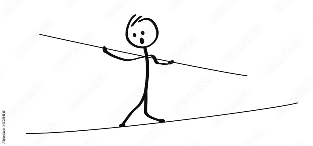 Stickman man runs on a thin wire. Tightrope walker balancing. Flat vector  silhouette sig. Stick figure man walking on a highliner to home or work.  Stock Vector