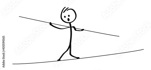 Stickman man runs on a thin wire. Tightrope walker balancing. 
Flat vector silhouette sig. Stick figure man walking on a highliner to home or work.