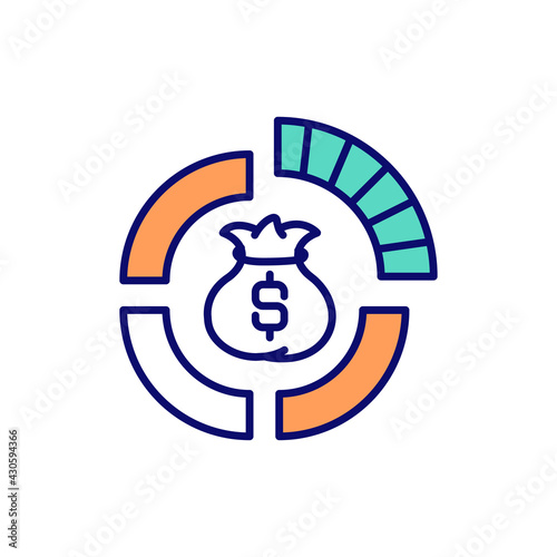 Assets management RGB color icon. Wealth distribution. Company equities, shares. Dynamic economy. Income and interest. Investing in capital assets, tangible property. Isolated vector illustration
