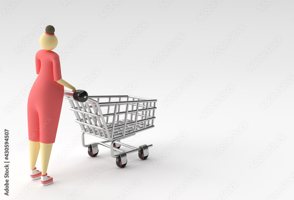 3D Render Woman with Shopping Cart Icon illustration Design. 3D Render Woman with Shopping Cart Icon illustration Design.