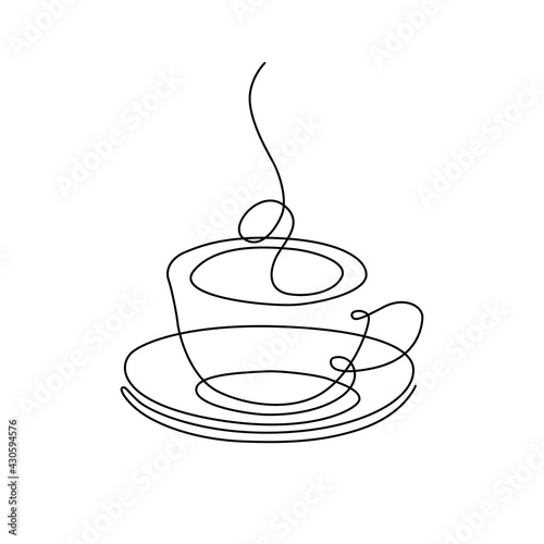 Line art cup of hot drink, linear cup of coffee with steam. Hand drawn logo.