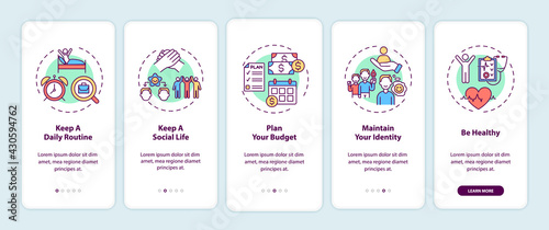 Job transition tips onboarding mobile app page screen with concepts. Future organize advice walkthrough five steps graphic instructions. UI, UX, GUI vector template with linear color illustrations