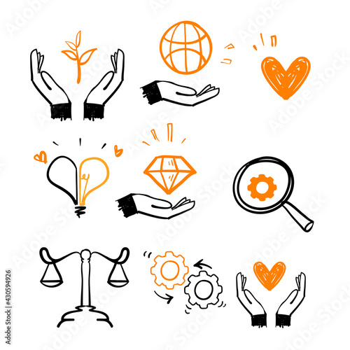 hand drawn doodle Concept of Business Core Values illustration collection vector isolated