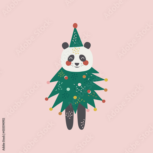 Cute funny panda dressed in Christmas tree costume vector illustration. Whimsy holly Xmas party bear clipart for kids. Seasonal winter holidays animalistic graphic design
