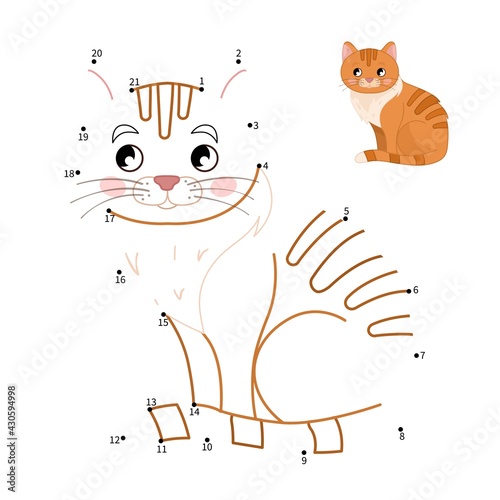Educational game for kids. Dot to dot game for children. Cartoon cute cat.
