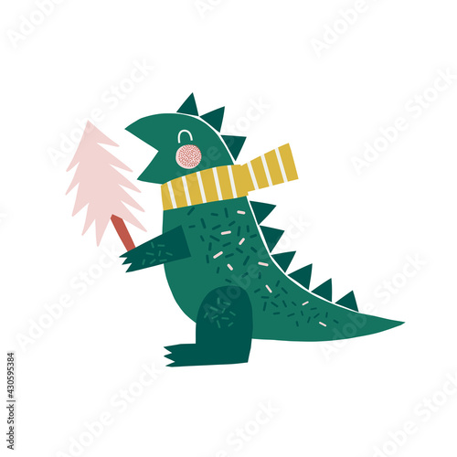 Winter dino with Christmas tree vector illustration isolated on white. Festive dinosaur decorative clipart for kids. Merry Xmas Jurassic party animalistic childish print design.
