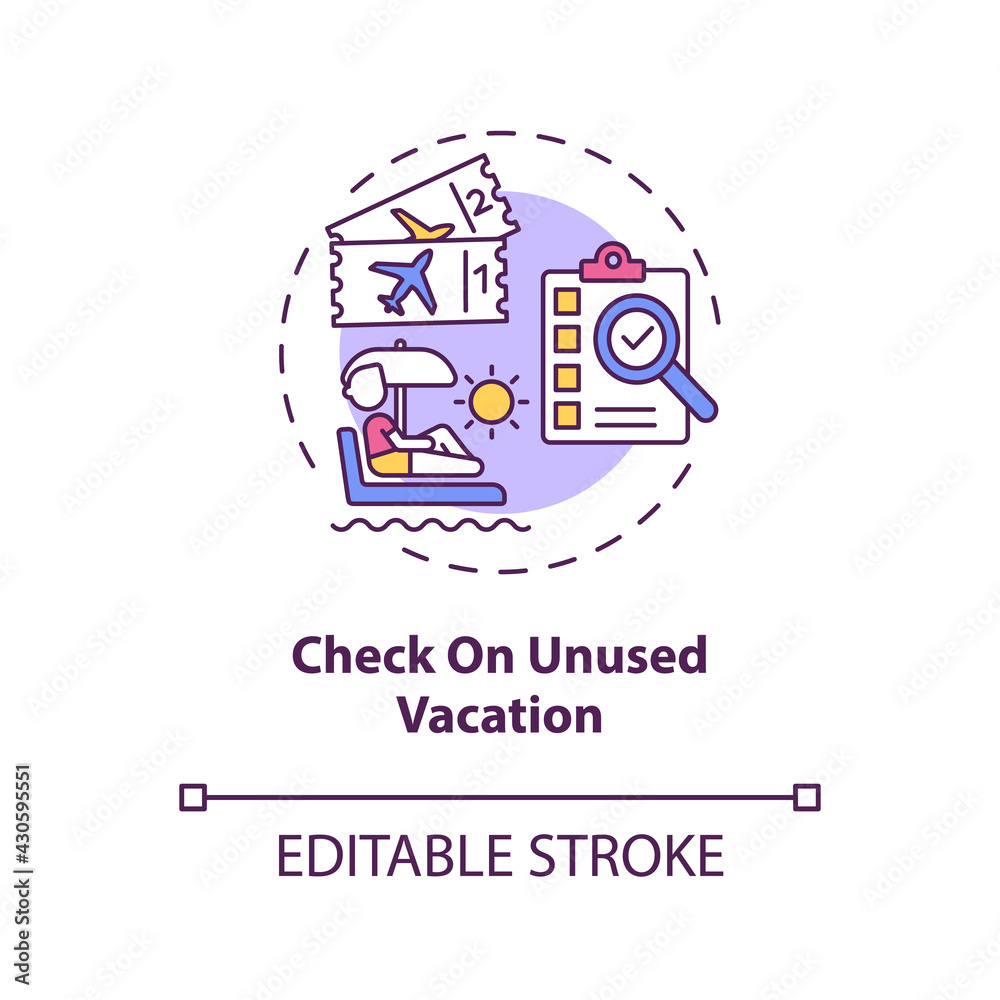 Check on unused vacation concept icon. Well-deserved paid leave idea thin line illustration. Getting money for vacation. Pay for rest. Vector isolated outline RGB color drawing. Editable stroke