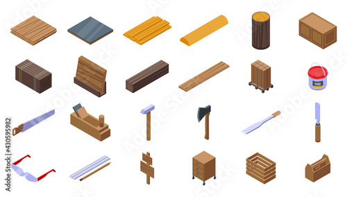 Plywood icons set. Isometric set of plywood vector icons for web design isolated on white background