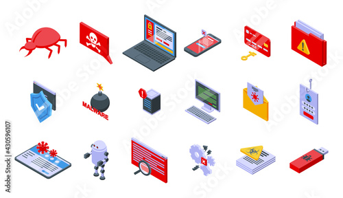 Malware icons set. Isometric set of malware vector icons for web design isolated on white background