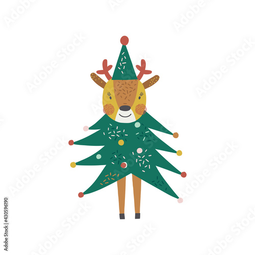 Cute funny cartoon deer dressed in Christmas tree costume vector illustration. Whimsy holly Xmas party fawn clipart for kids. Seasonal winter holidays animalistic graphic design