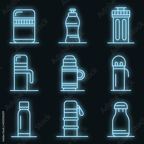 Vacuum insulated water bottle icons set. Outline set of vacuum insulated water bottle vector icons neon color on black