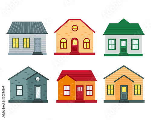 Set of houses front view. Collection icons of urban and suburban house. flat vector illustration