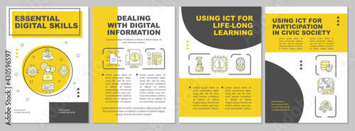 Essential digital skills brochure template. Deal with digital info. Flyer, booklet, leaflet print, cover design with linear icons. Vector layouts for presentation, annual reports, advertisement pages