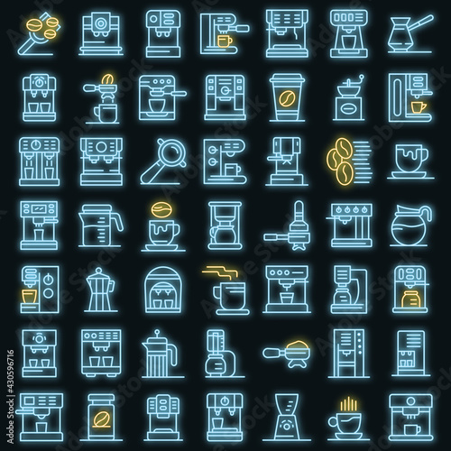 Coffee machine icons set. Outline set of coffee machine vector icons neon color on black