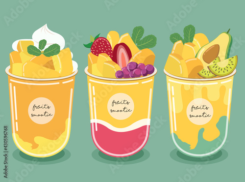 Mango Smoothie The pulp of golden yellow mango and blueberry, strawberry, avocado and kiwi fruit.