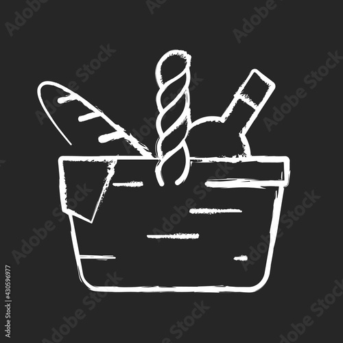 Picnic basket chalk white icon on black background. Heaving picnic hamper. Holding food and tableware. Snacks packing. Gathering family for outdoor lunch. Isolated vector chalkboard illustration