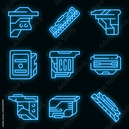 Cartridge icons set. Outline set of cartridge vector icons neon color on black