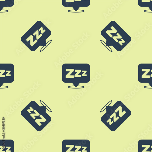 Blue Sleepy icon isolated seamless pattern on yellow background. Sleepy zzz black talk bubble. Vector