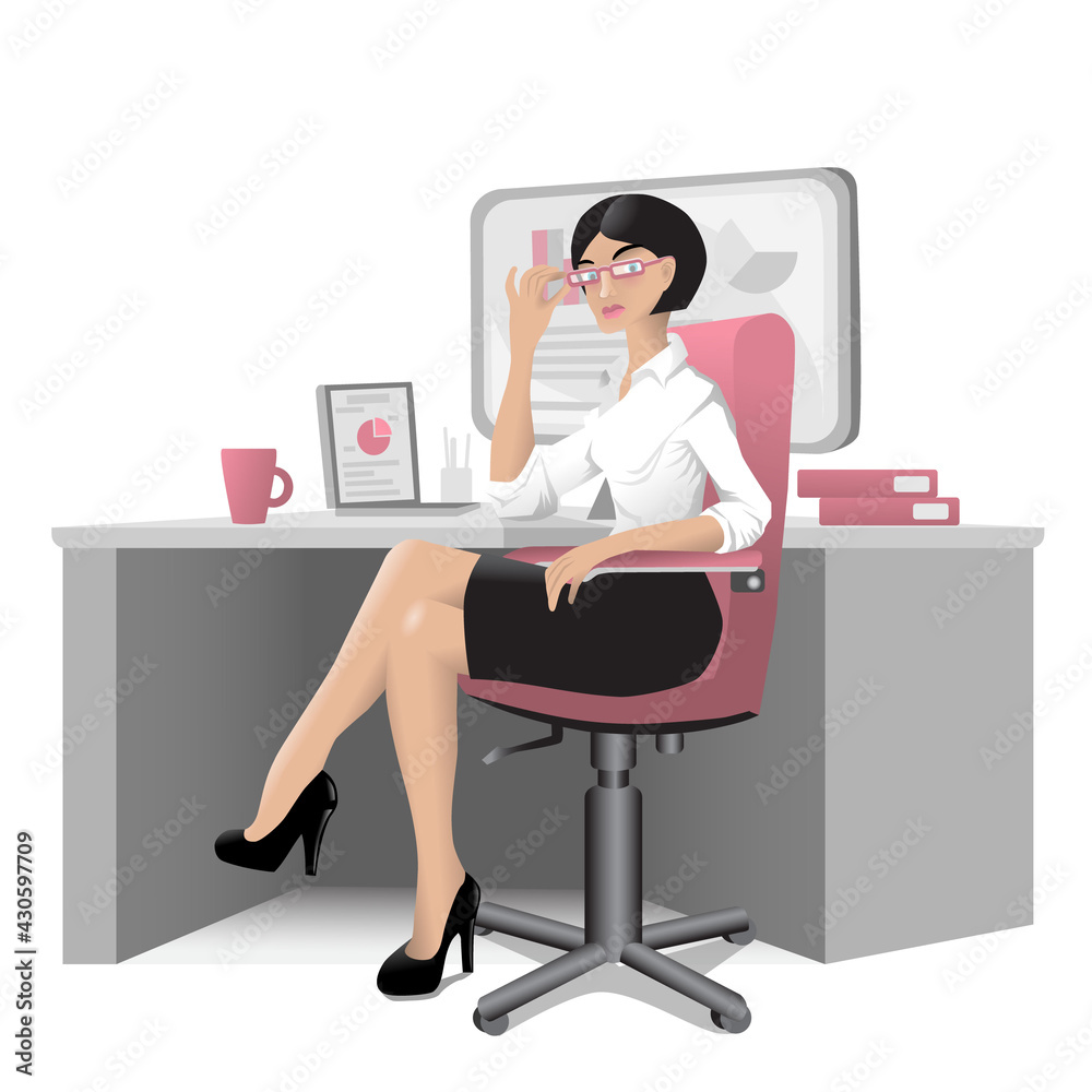 A businesswoman with glasses sits on a chair in front of a desk. Monitor, laptop, folders, and a mug on the table. Vector illustration. A businesswoman with glasses sits on a chair in front of a desk. Monitor, laptop, folders, and a mug on the table. Vector illustration.