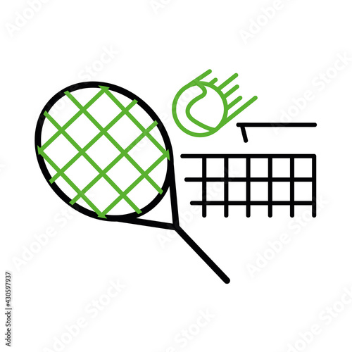 Tennis ball and racket icon. Ball passing through the tennis net. This icon is the icon symbols of the tennis match. Sports competition icon set. Editable Stroke. Logo, web and app.
