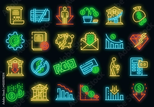 Bankrupt icons set. Outline set of bankrupt vector icons neon color on black