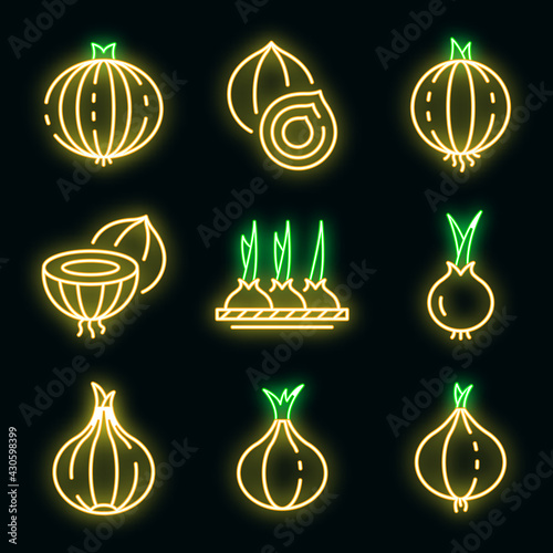 Onion icons set. Outline set of onion vector icons neon color on black