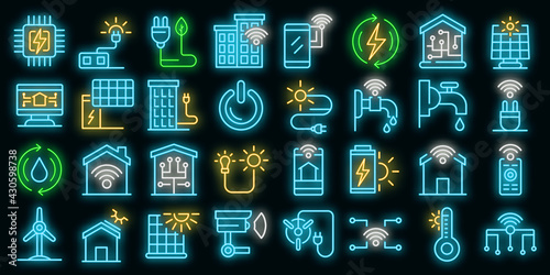 Autonomous house icons set. Outline set of autonomous house vector icons neon color on black