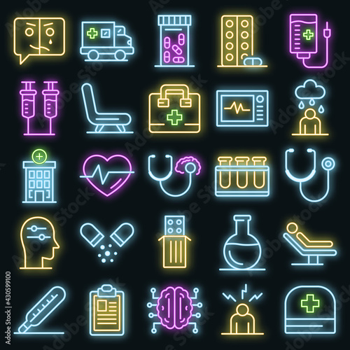 Mental hospital icons set. Outline set of mental hospital vector icons neon color on black