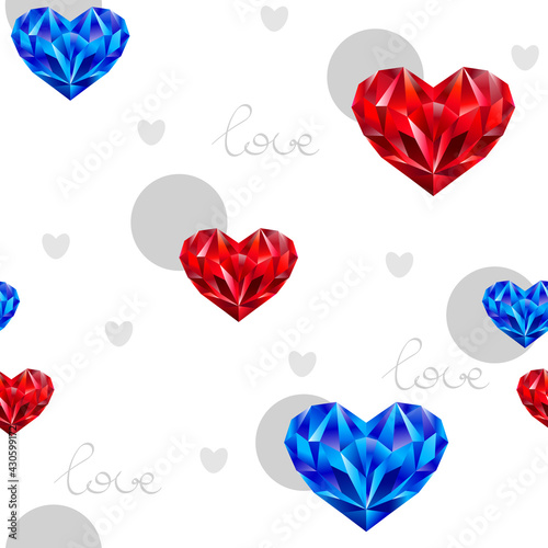 Romantic seamless pattern with blue and red crystal hearts, grey circles and love lettering. Heart shaped colored diamonds in polygonal style in white background.