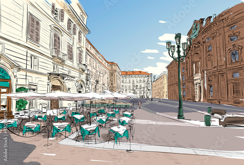 Milan. Italy. Street cafe. Hand drawn sketch. Vector illustration.