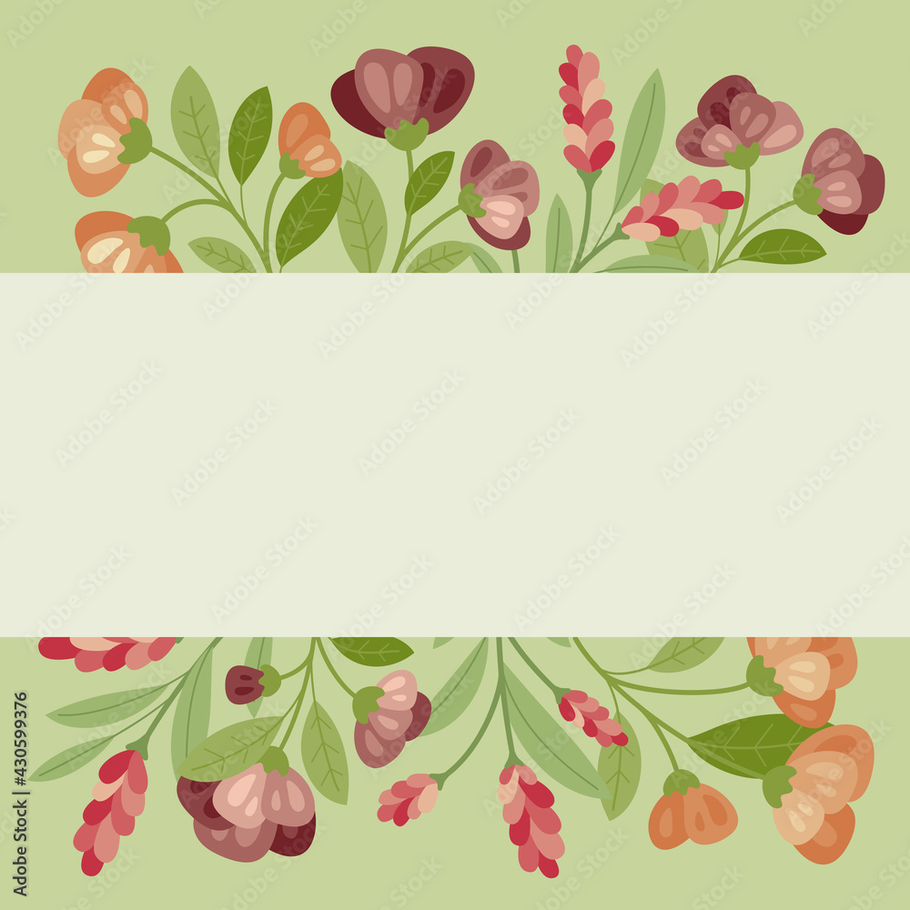 Summer flowers in flat style - Vector Frame, poster, banner, template. Hello spring and summer. Spring mood. 