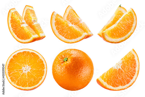 Orange isolate. Orange fruit set on white background. Whole orange fruit with slice.