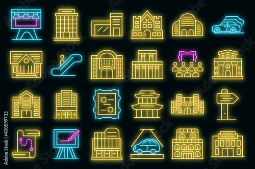 Exhibition center icons set. Outline set of exhibition center vector icons neon color on black