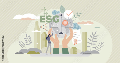 ESG as environmental social governance business model tiny person concept. Sustainable and green company resources usage commitment with responsible attitude to nature and future vector illustration.
