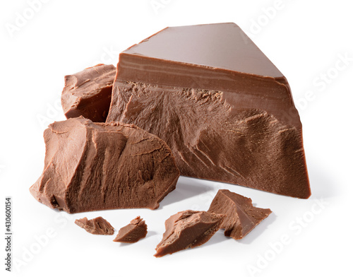 Broken chocolate. Chocolate pieces isolated. Chocolate pieces on white background as package design elements. With clipping path.