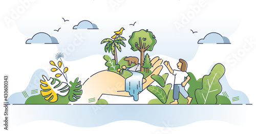Conservation as environmental nature biodiversity protection outline concept. Trees and species preservation with responsible resource usage vector illustration. Ecological green reserve in hand. photo